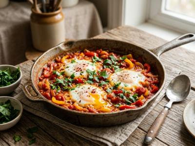 Chakchouka sans gluten, mijotée de légumes et œufs épicés