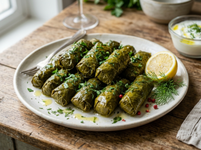 Dolmas farcis sans gluten : feuilles de vigne farcies aux légumes et riz
