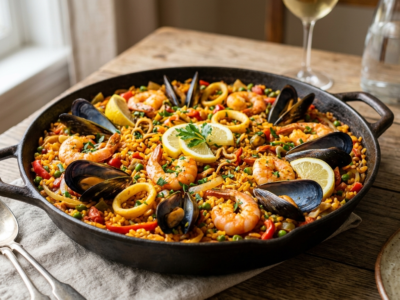 Paella aux fruits de mer sans gluten et sans lactose