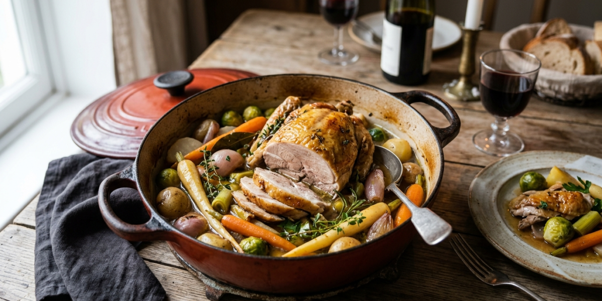 Chapon en cocotte sans four, mijoté aux légumes de saison