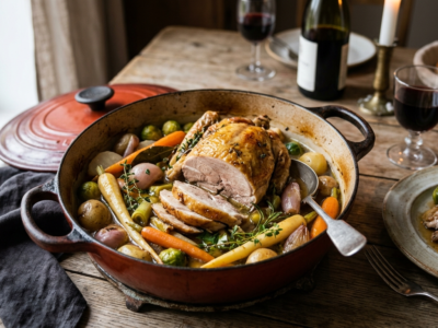 Chapon en cocotte sans four, mijoté aux légumes de saison