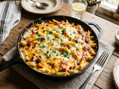 Gratin de pâtes à la poêle sans four