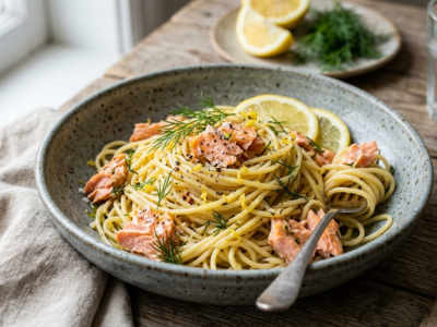 Pâtes au saumon sans crème fraîche, parfumées à l&rsquo;aneth et au citron