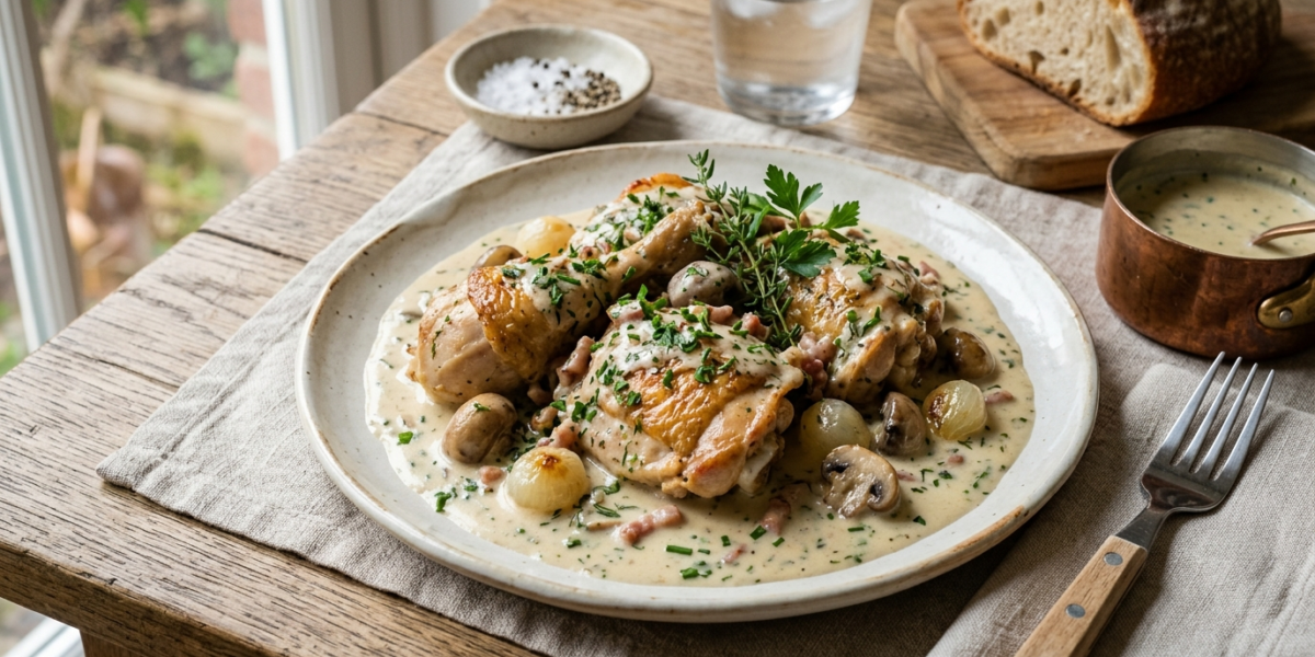 Poulet au vin blanc sans alcool, sauce crémeuse aux herbes