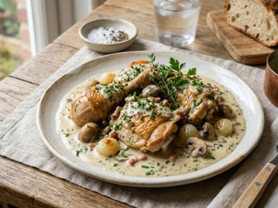 Poulet au vin blanc sans alcool, sauce crémeuse aux herbes
