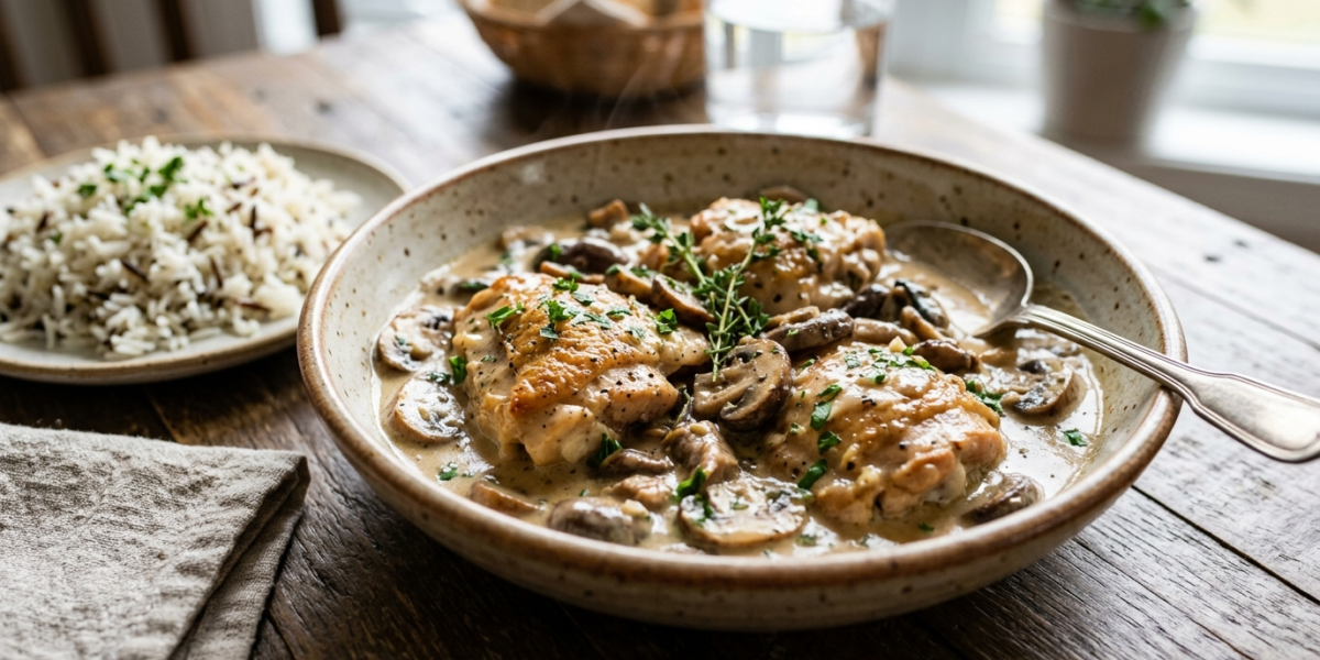 Poulet aux champignons sans crème fraîche, sauce onctueuse à base de bouillon et lait végétal