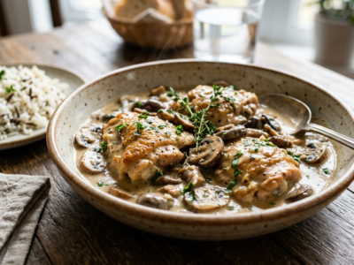 Poulet aux champignons sans crème fraîche, sauce onctueuse à base de bouillon et lait végétal