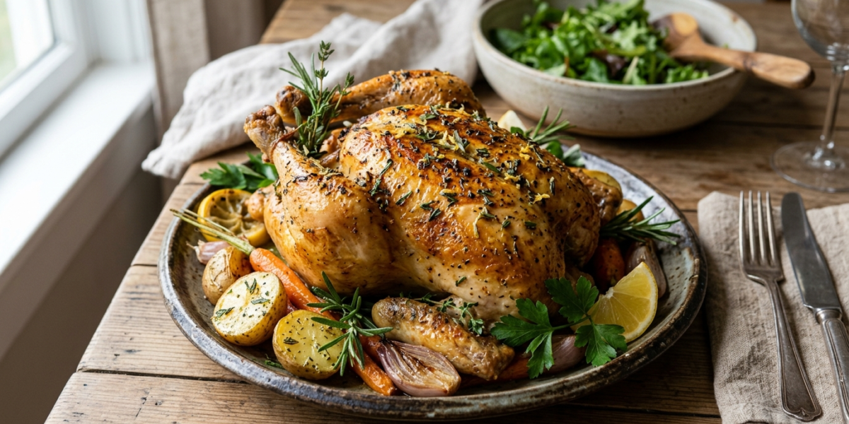 Poulet rôti sans sel, parfumé aux herbes fraîches
