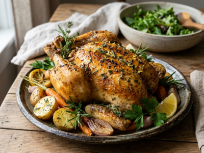 Poulet rôti sans sel, parfumé aux herbes fraîches