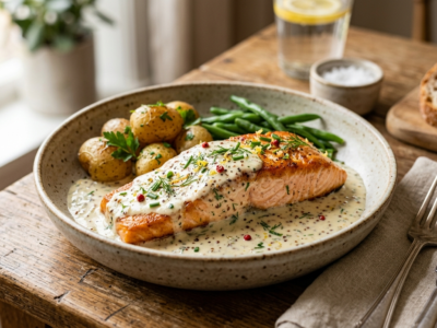 Saumon à la crème sans crème fraîche, sauce onctueuse au lait végétal