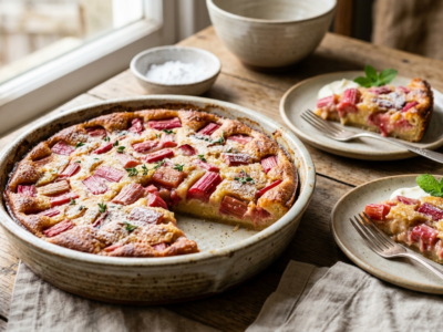 Tarte à la rhubarbe sans pâte, moelleuse et parfumée
