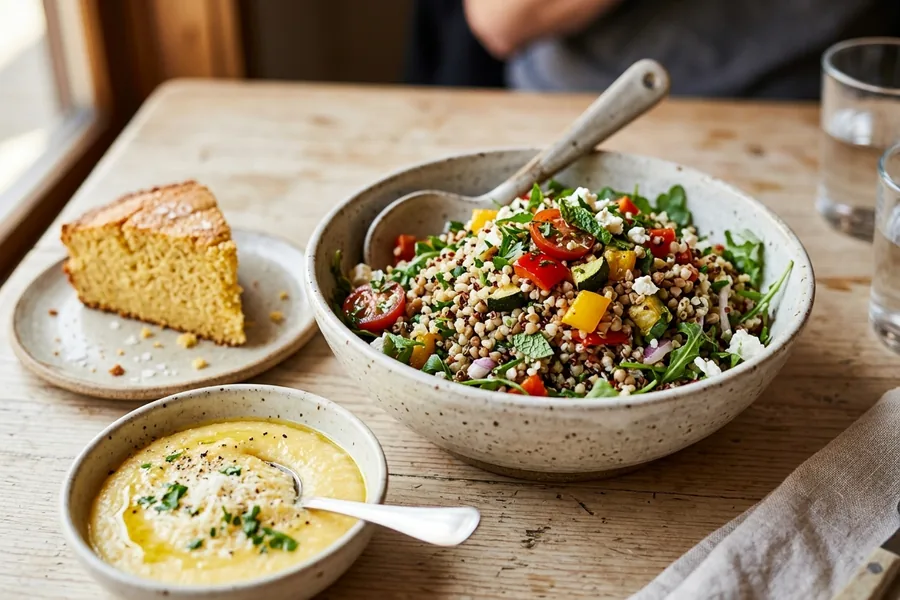 Salade de quinoa et sarrasin aux légumes, tranche de pain de maïs et bol de polenta crémeuse sans gluten