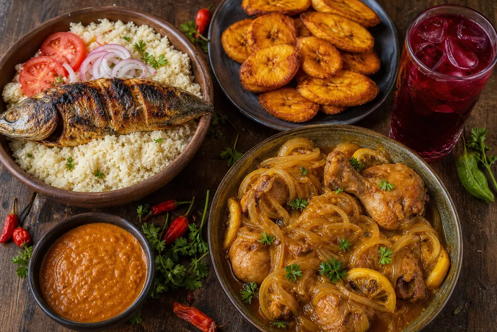 Repas ouest-africain sans gluten : attiéké au poisson grillé, alloco, poulet yassa, sauce arachide et bissap