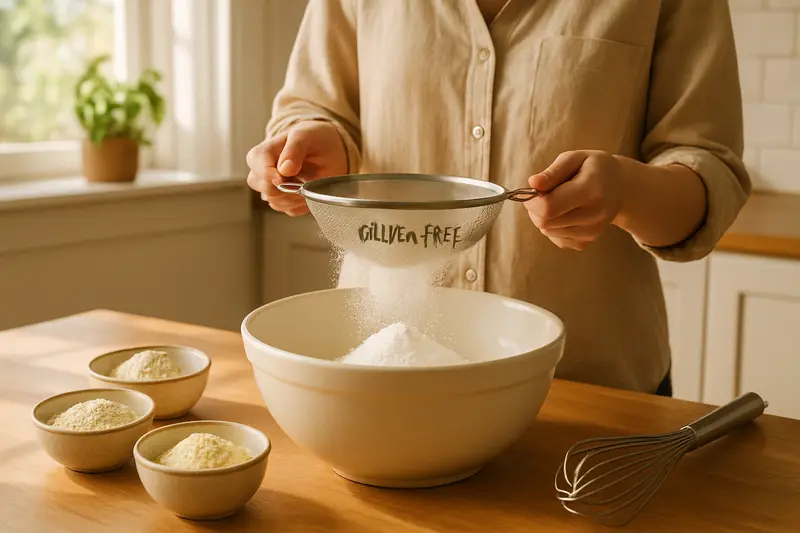 Personne tamisant de la farine sans gluten dans un saladier avec differentes farines en arriere-plan
