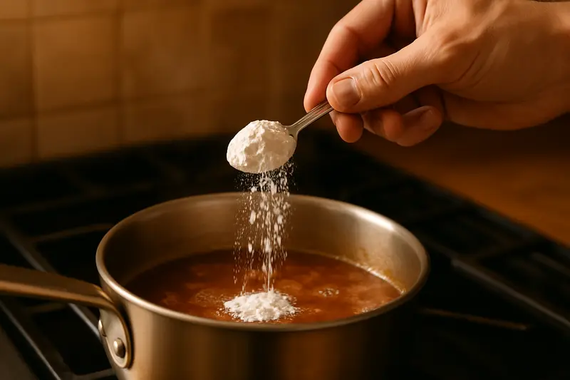 Cuillere de fecule de mais versee dans une casserole de sauce pour l'epaissir