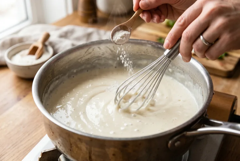Poudre de gomme de guar versee a la cuillere dans une sauce cremeuse sans gluten fouettee dans une casserole