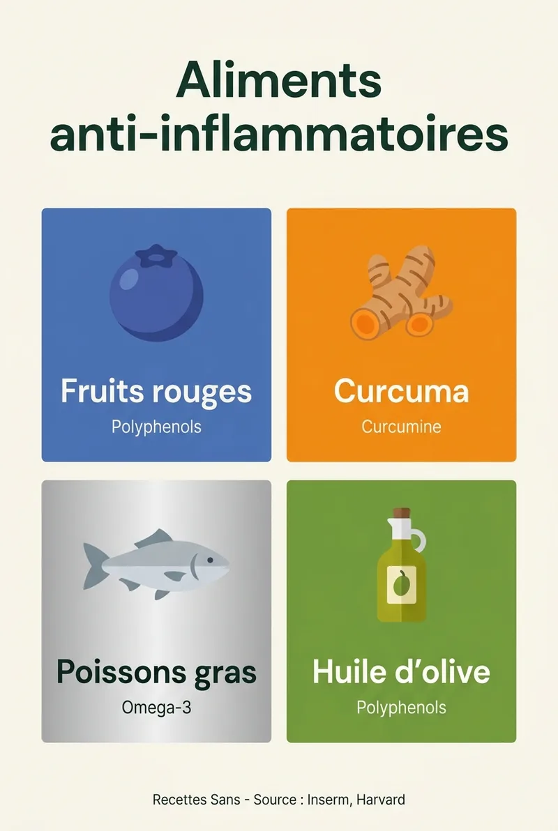 Infographie des 4 familles d'aliments anti-inflammatoires : fruits rouges, curcuma, poissons gras, huile d'olive