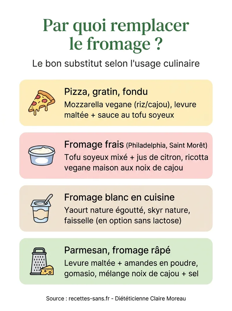 Infographie : par quoi remplacer le fromage selon l'usage culinaire (pizza, fromage frais, fromage blanc, parmesan)