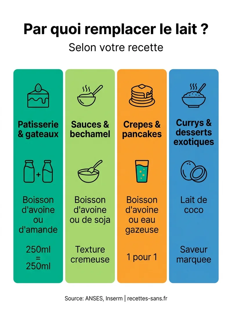 Infographie des substituts du lait selon le type de recette : avoine pour les sauces, amande pour les desserts, eau pour le dépannage