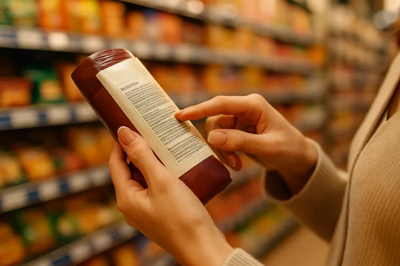 Personne lisant les etiquettes d'un produit alimentaire au supermarche pour verifier la presence de gluten