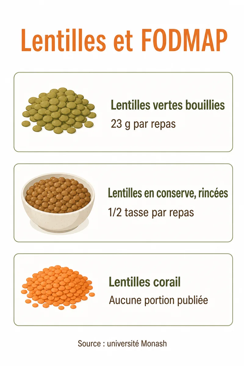 Infographie : lentilles vertes bouillies 23 g par repas, lentilles en conserve rincées 1/2 tasse par repas, lentilles corail sans portion publiée