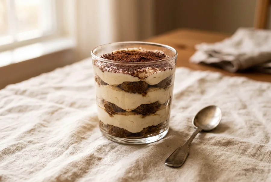 Tiramisu en verrine préparé avec un substitut de mascarpone à base de ricotta et de crème montée