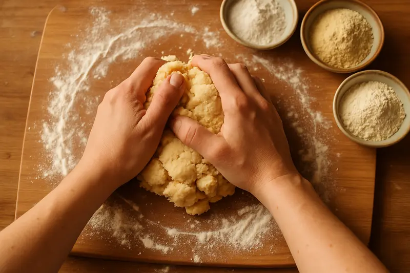 Mains petrissant une pate sans gluten sur une planche en bois avec des bols de farines