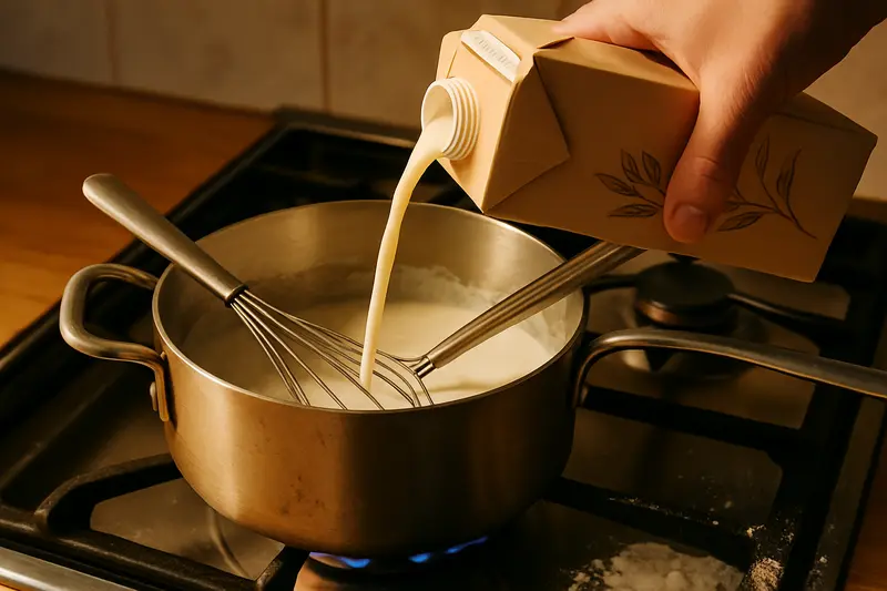 Preparation d'une bechamel sans lactose avec du lait vegetal verse dans une casserole